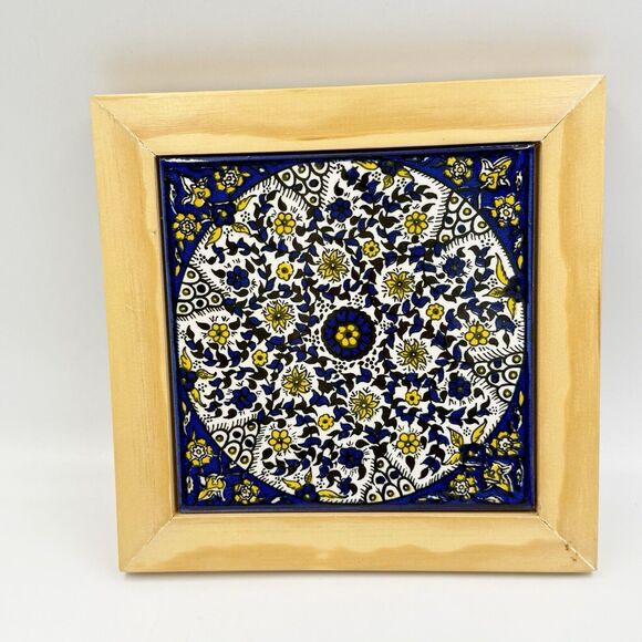 Barbour Ceramics Tile 8x8 square Stand Wood Cobalt Blue and White Yellow Flowers - Picture 2 of 16